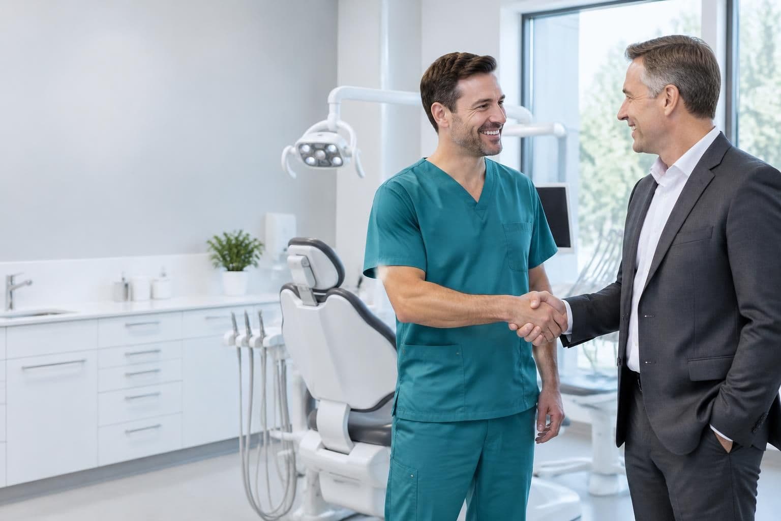 A dentist in scrubs shaking hands with a business representative in a dental operatory